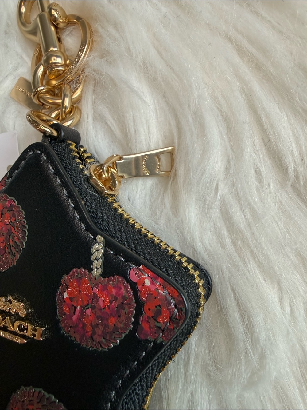 Coach Star Bag Charm with Cherry Print Gold Black Red Multi Leather CDA87 NWT - Picture 3 of 5